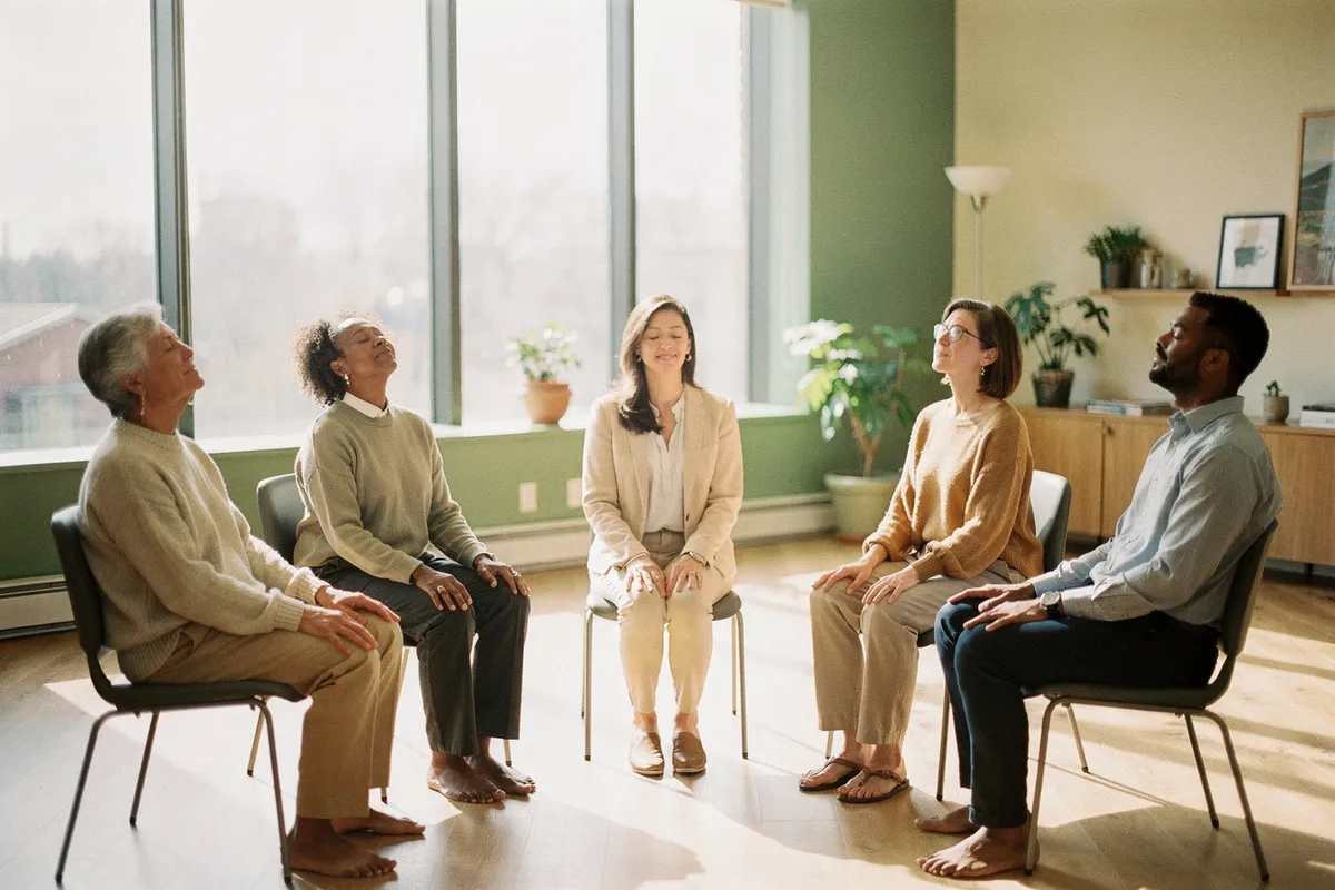Un petit groupe d'adultes assis en cercle sur des chaises dans une salle claire, les yeux fermés, pendant une séance de relaxation