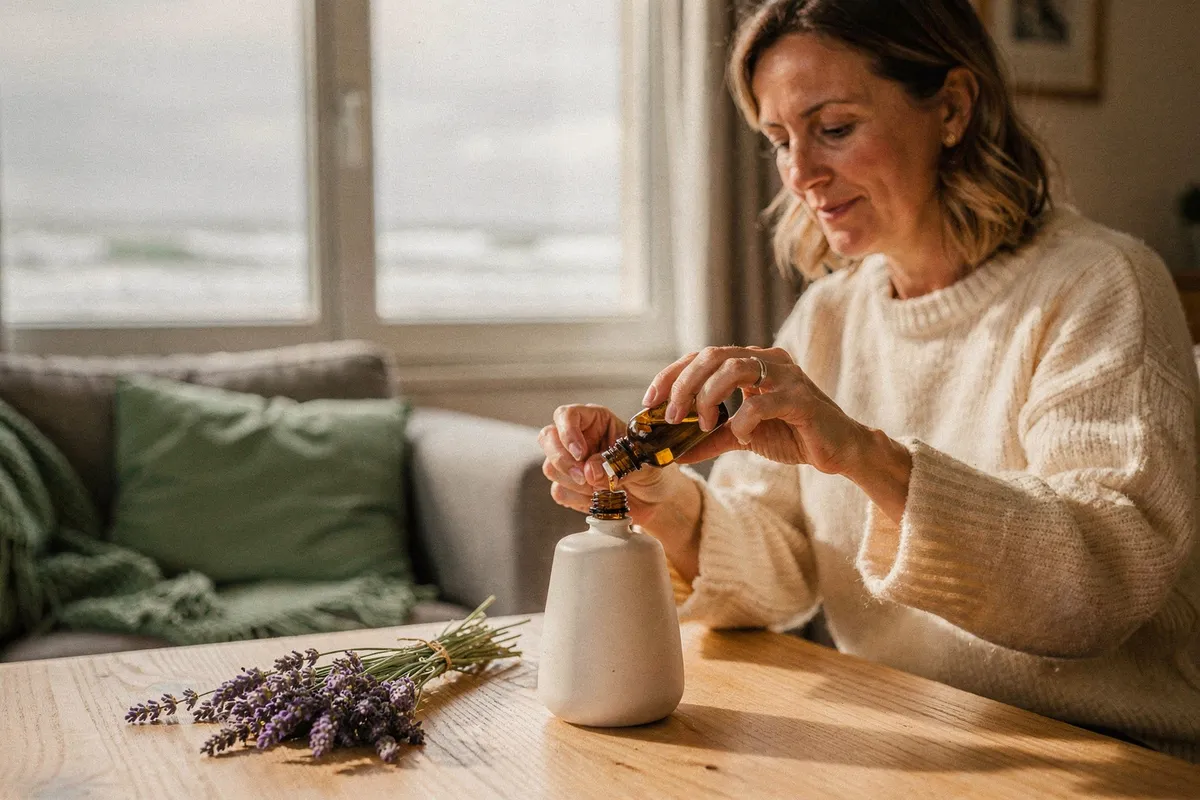 Femme versant quelques gouttes d'huile essentielle dans un diffuseur, face à l'océan hivernal