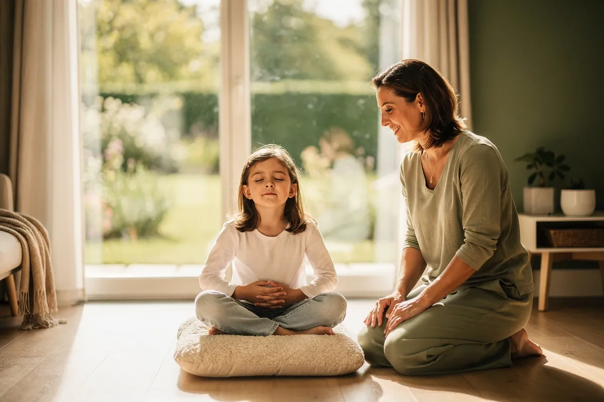 Une enfant pratique la respiration abdominale, mains sur le ventre, guidée par une sophrologue.