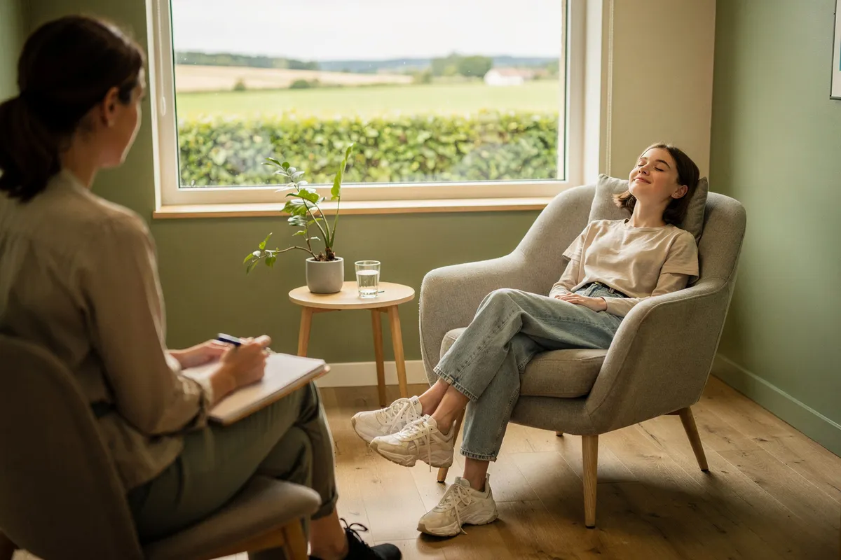 Lycéenne détendue, les yeux fermés dans un fauteuil, accompagnée par une praticienne