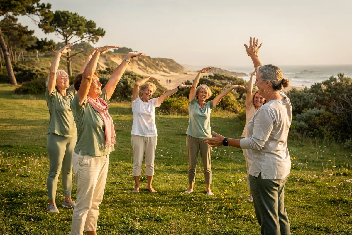 Groupe de femmes pendant une séance d'activité physique adaptée en plein air, près de l'océan