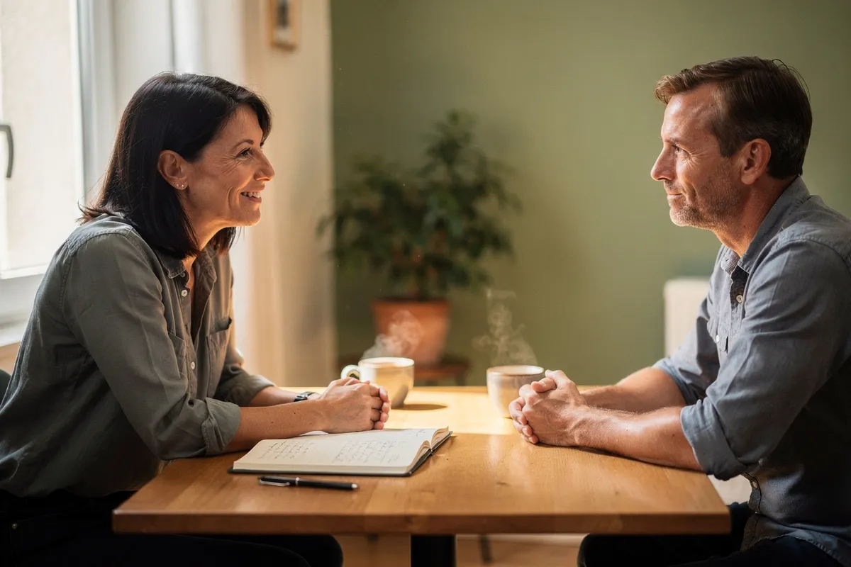 Séance de coaching : deux adultes échangent autour d'une table dans un bureau lumineux