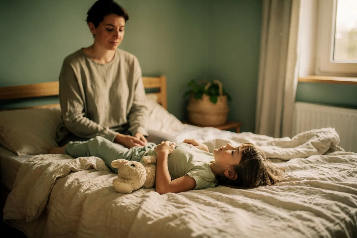 Enfant allongé sur son lit, mains sur le ventre, respirant calmement près d'un parent
