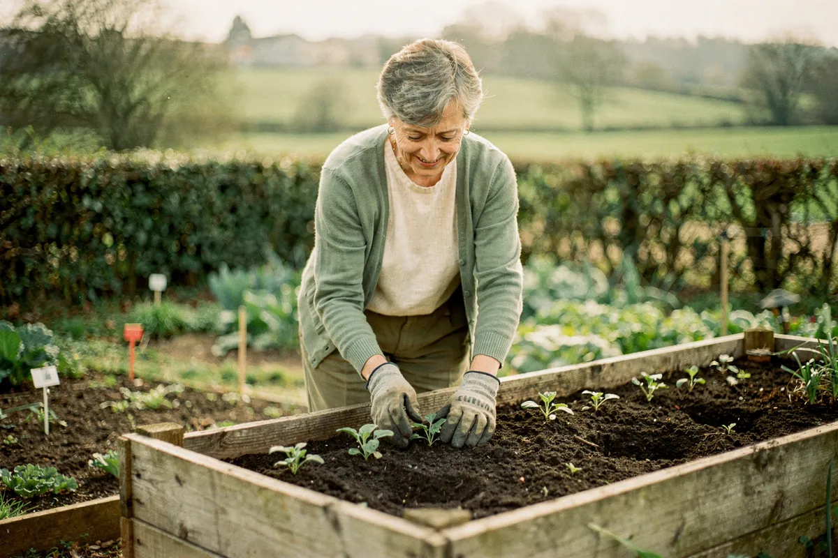 Jardinière plantant ses semis debout devant un bac potager surélevé dans le bocage