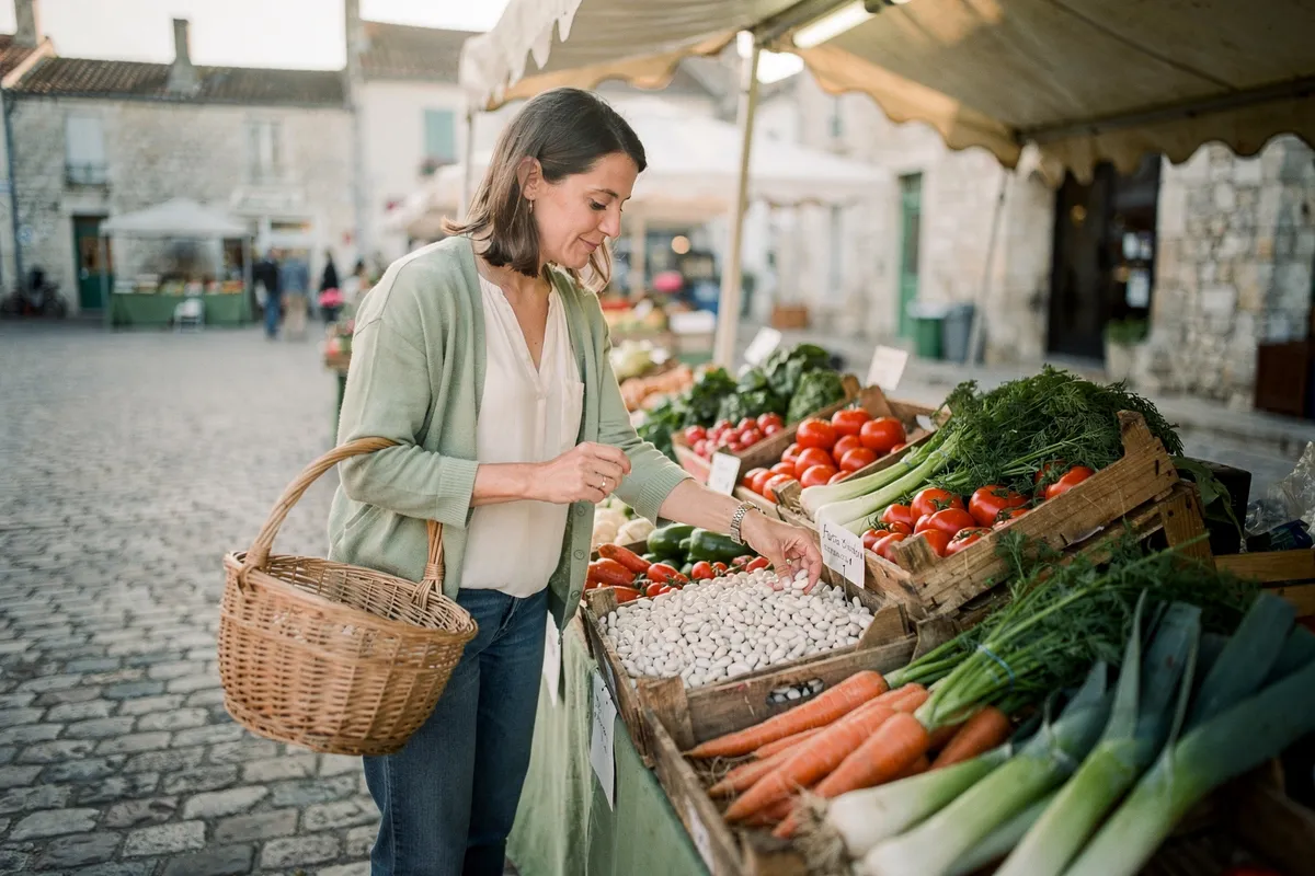 Une femme choisit des légumes sur un marché