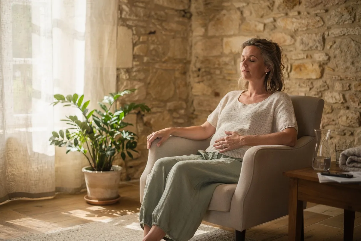 Femme pratiquant une respiration calme, les yeux fermés, dans un cabinet lumineux
