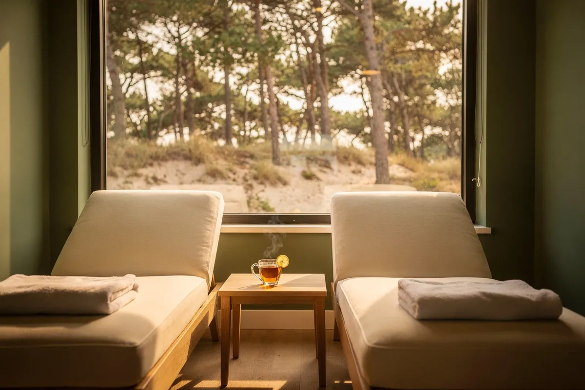 Une salle de repos de spa avec deux transats crème, une tasse de tisane et une grande baie ouverte sur des pins et des dunes