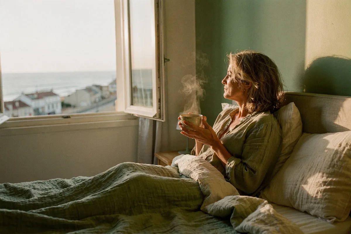Femme assise dans son lit à l'aube, une tasse à la main, face à l'océan
