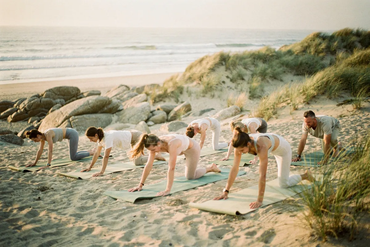 Petit groupe pratiquant le yoga au lever du soleil sur une plage sauvage vendéenne